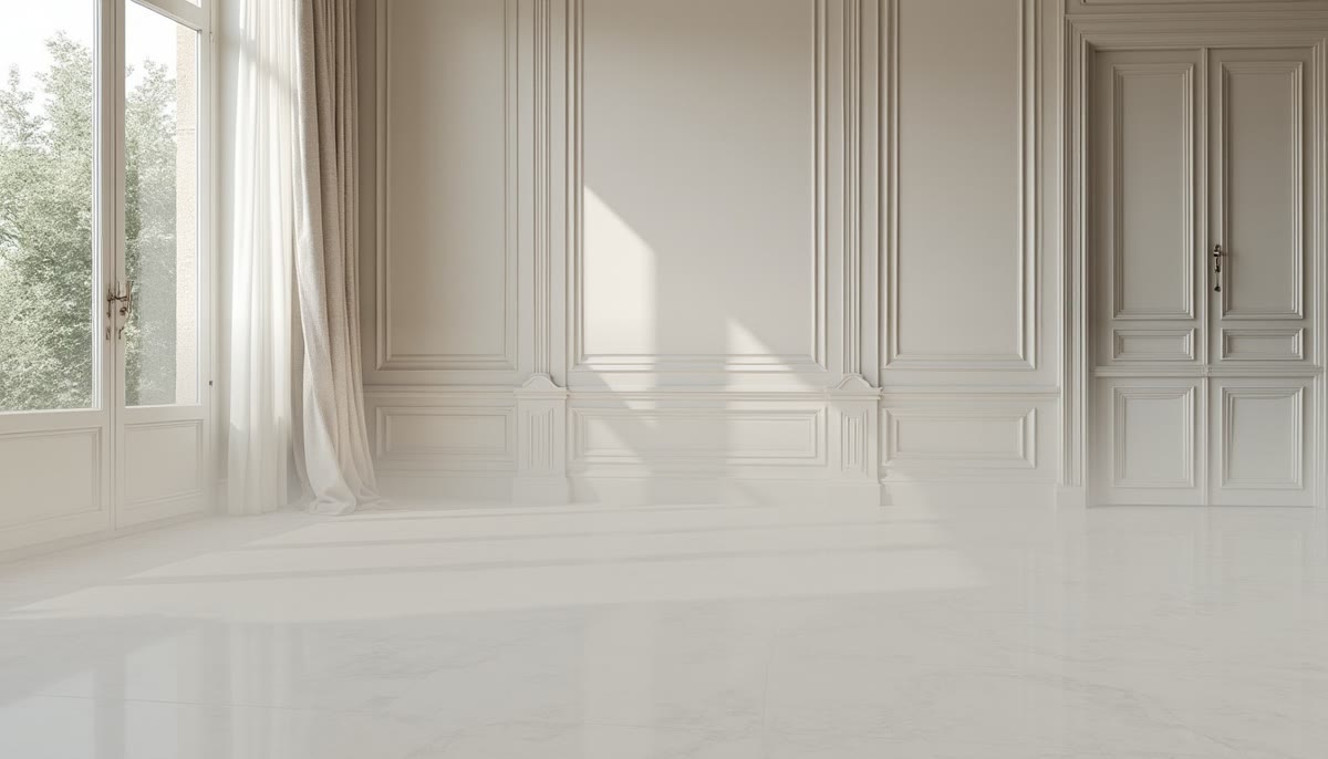 Illustration IA d’un intérieur contemporain avec sol et surfaces en marbre clair
